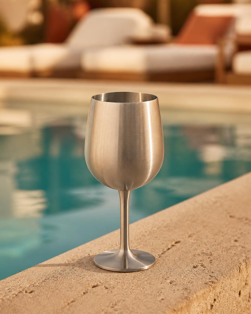 Le verre à vin inox doré — Inox brossé au bord de la piscine