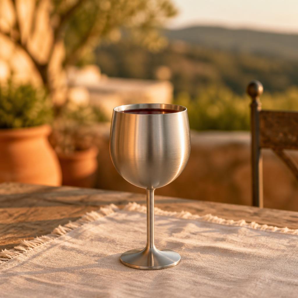Le verre à vin inox doré — Inox brossé en situation — Incassable. Pas campeur.